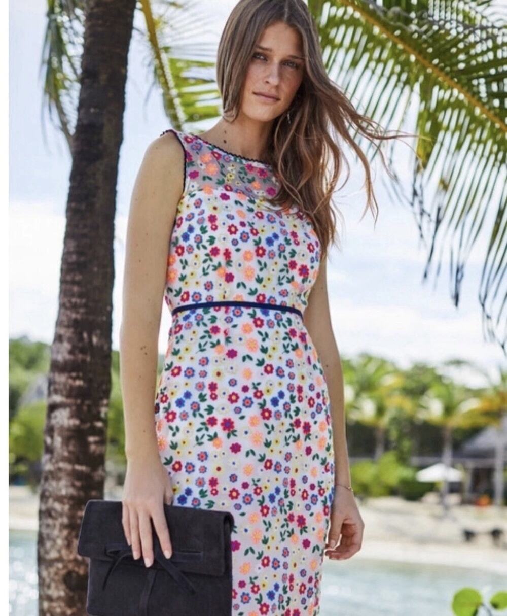 Boden Marjorie Organza Dress 4 Floral Retro Trim Sheath Midi Multicolor Coquette